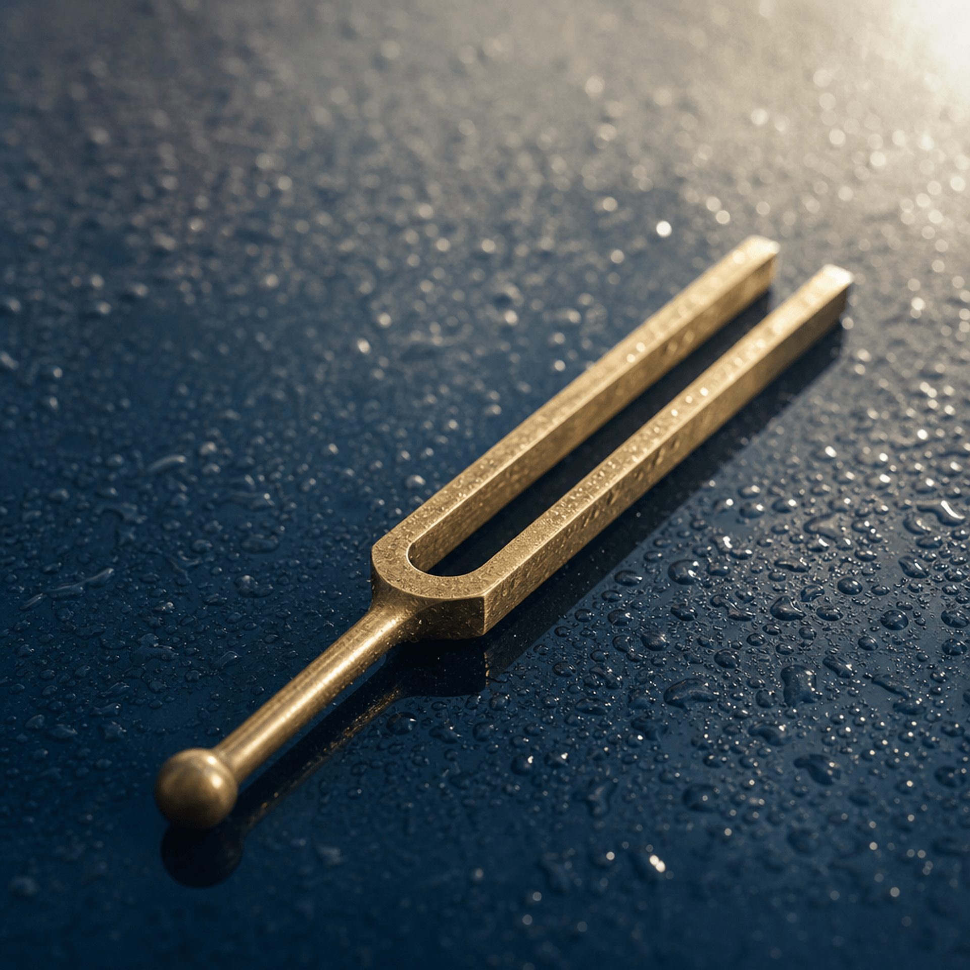 Macro still life of rain running down glass beside a metal tuning fork