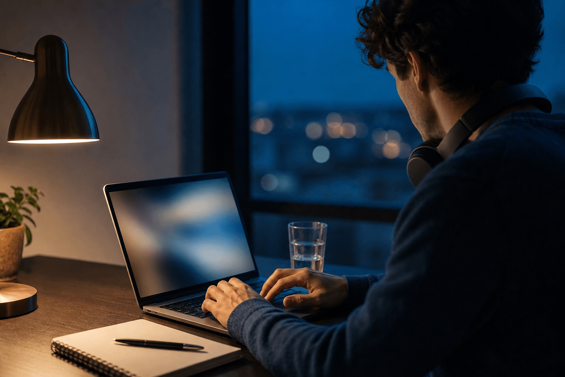 Hands on a laptop keyboard at a desk at night, headphones on, adjusting a tone